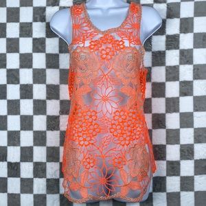 Neon orange sheer tank top cover-up shirt Gold tinsel thread L / XL